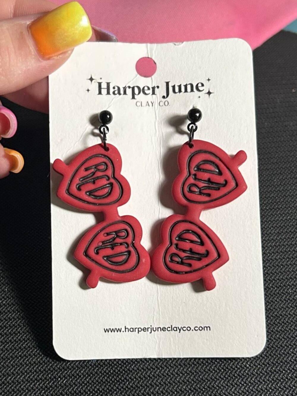 Harper June Clay Co. Red Heart Sunglasses Dangle Earrings Taylor Swift NWT
